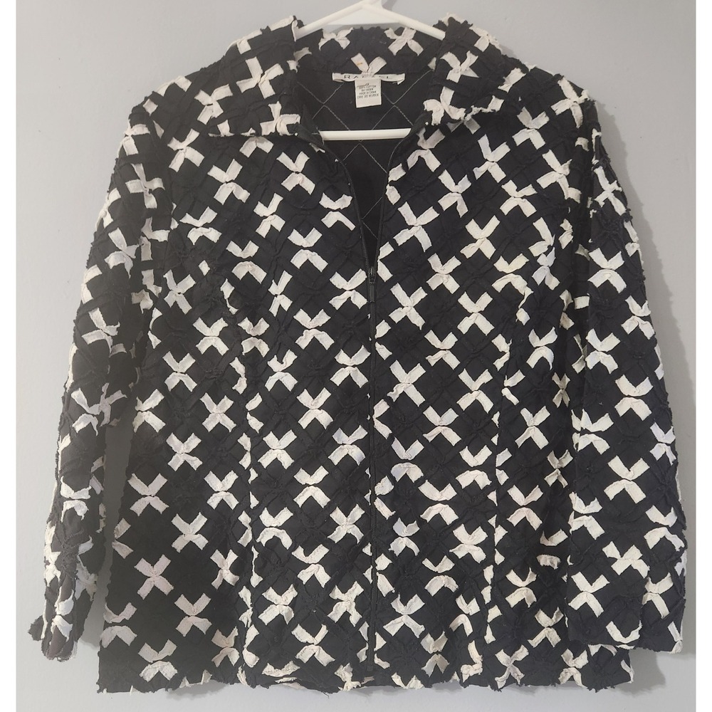 Rafael Womens Black White Textured Zip Up Blazer Cotton Jacket Size 12